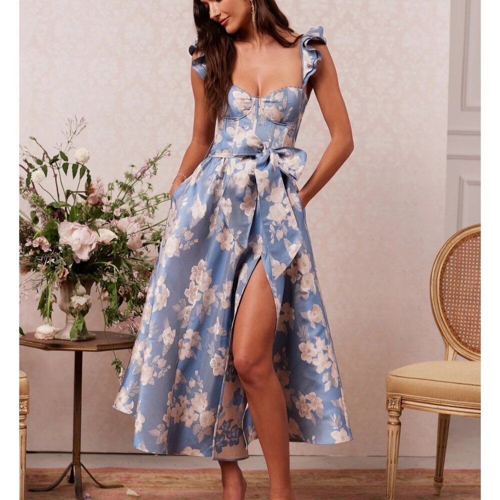 V. Chapman The Vera Dress In Dusk Blue Baroque Floral Womens 20 Enchanting Lux